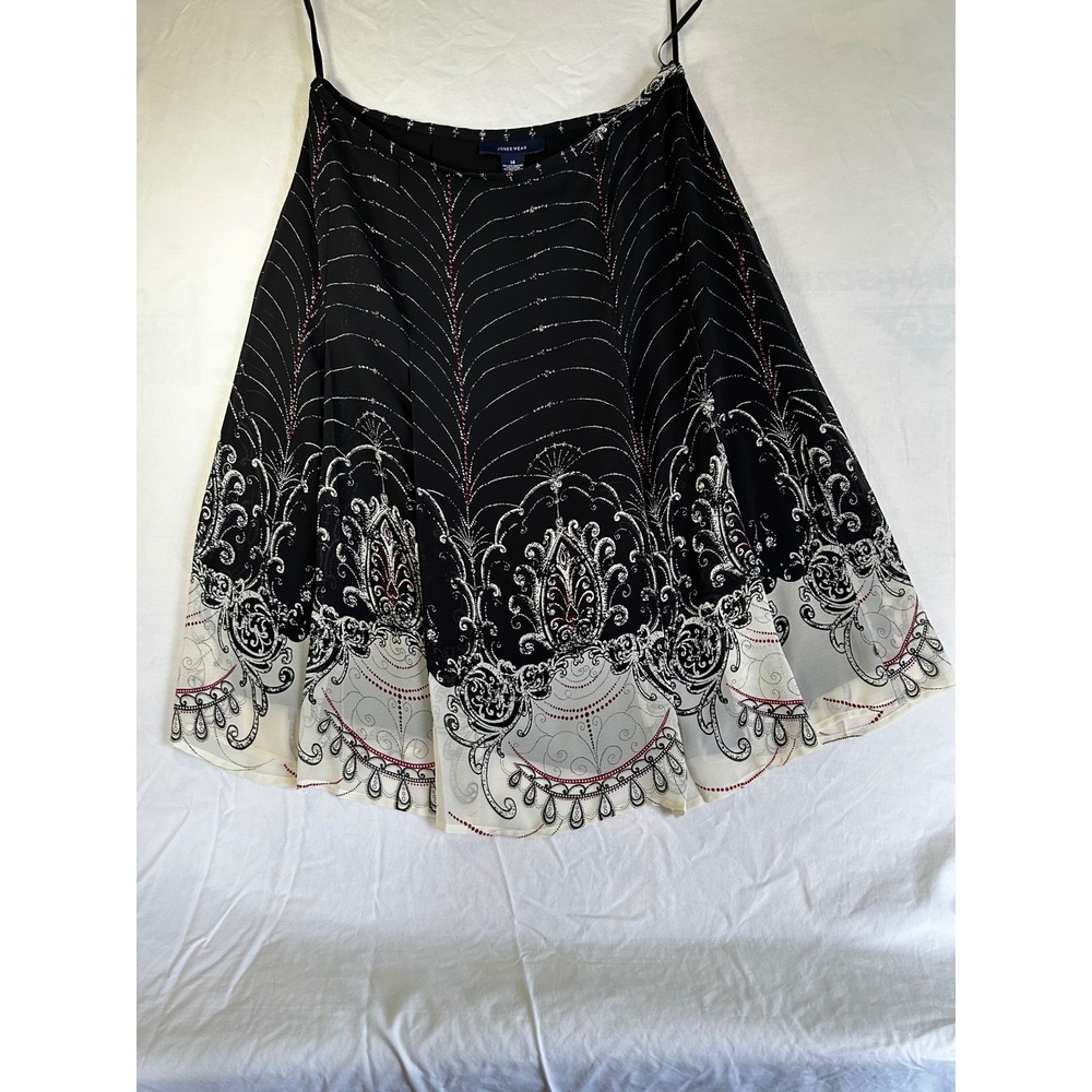 Jones Wear Black with burgundy white paisley Border Chiffon A-Line Skirt Size 14